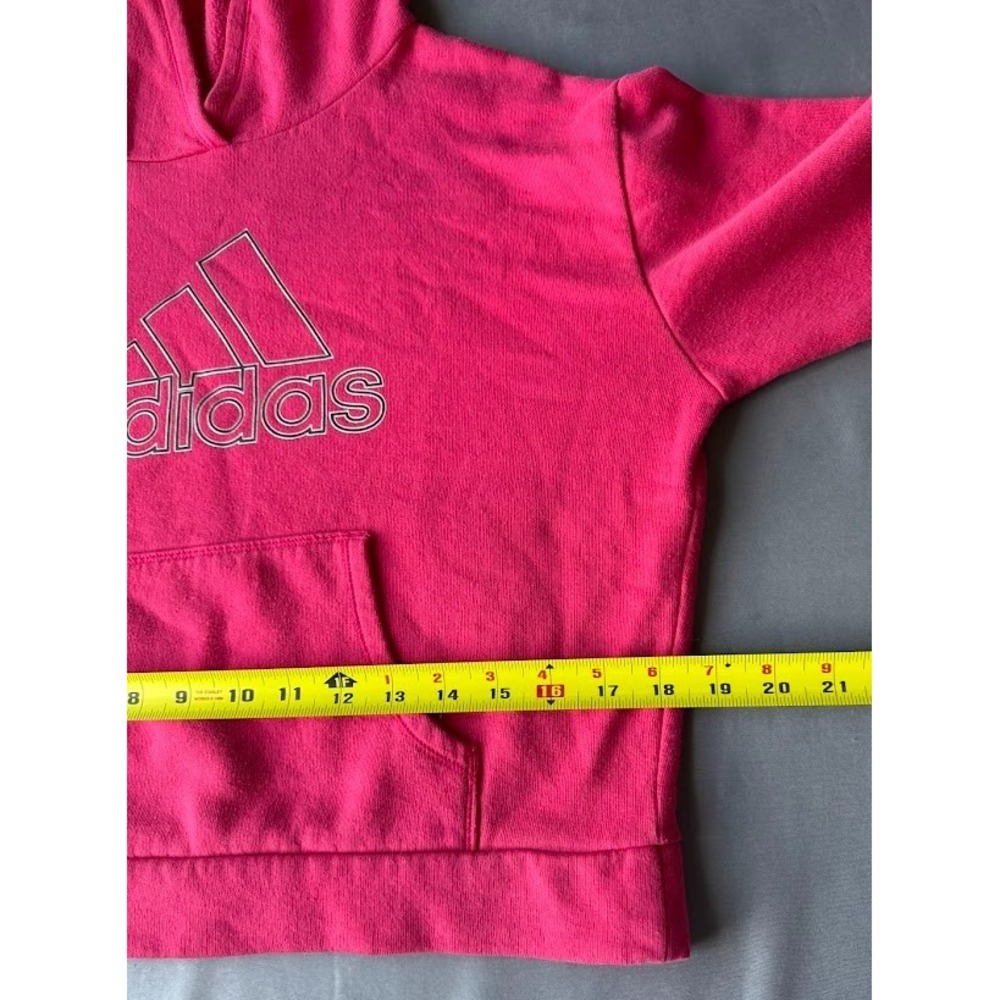 Adidas Youth Girls Crooped Hoodie M (10/12) Pink Logo 3 Stripe Pullover Pockets - Picture 6 of 14